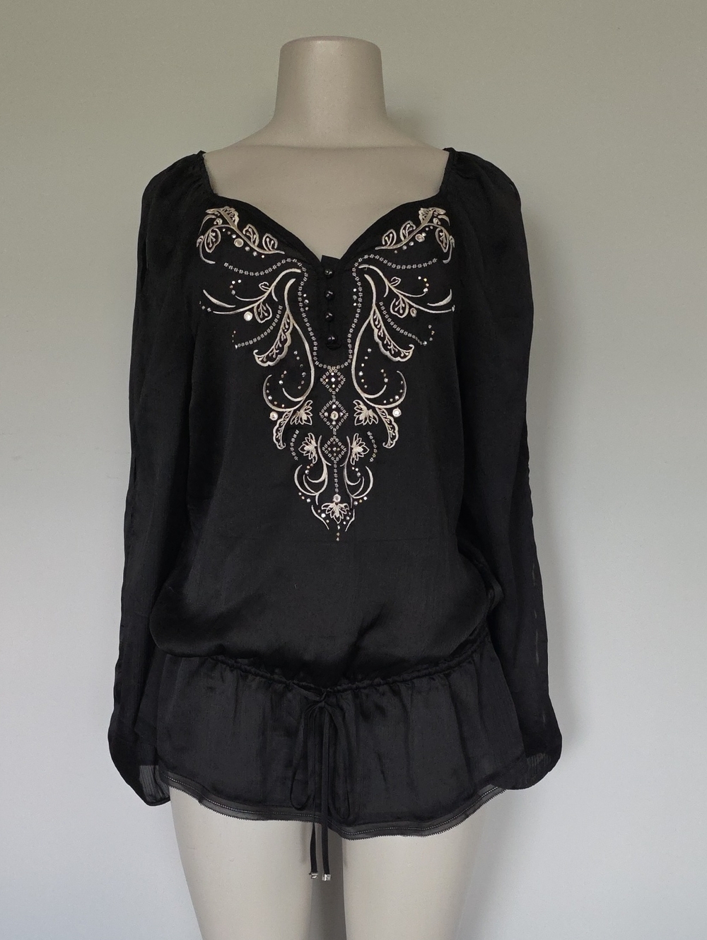 White House Black Market black drop waist vented sleeve blouse- L